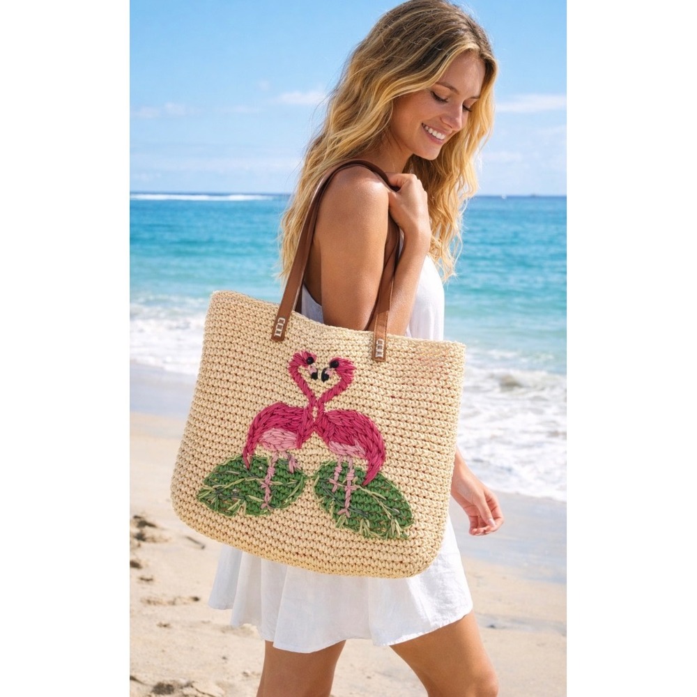 INC  Woven Straw Flamingo Embroidered Beach Tote Bag Beige Pink
